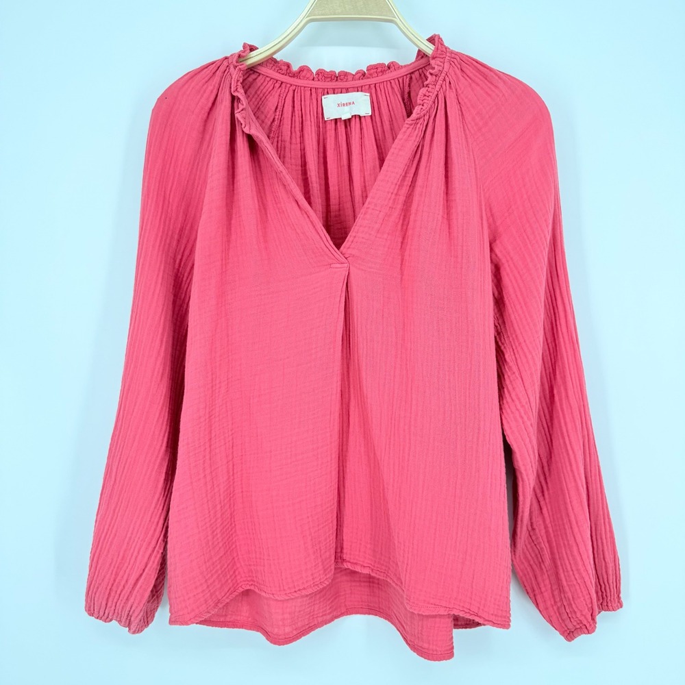 Xirena Beau Blouse Womens Small Coral Pink Good Cotton Gauze V-Neck Long Sleeve